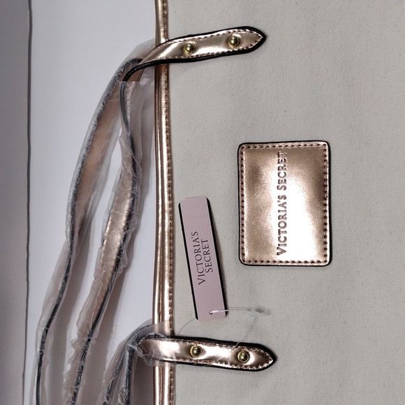 Victoria's Secret Metallic Pink White Canvas Tote Bag - Picture 3 of 10